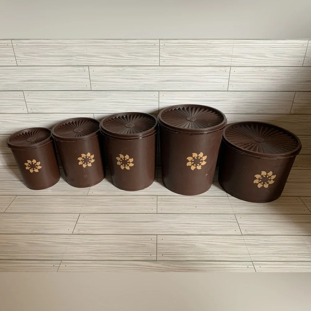 Vintage Tupperware servalier set of 5 with lids Brown/gold mushroom Canister Set